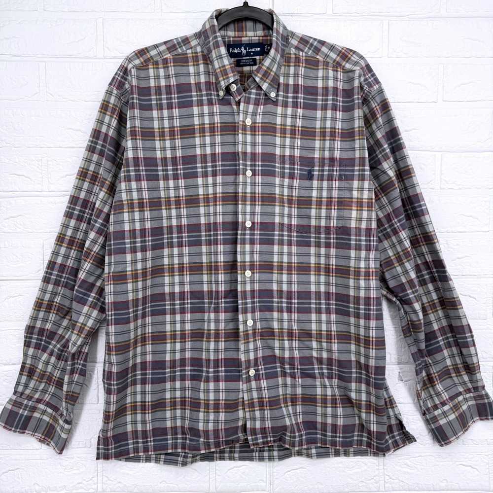 Ralph Lauren Greggor Button Down Shirt Mens Medium Plaid Long Sleeve Grey Cotton